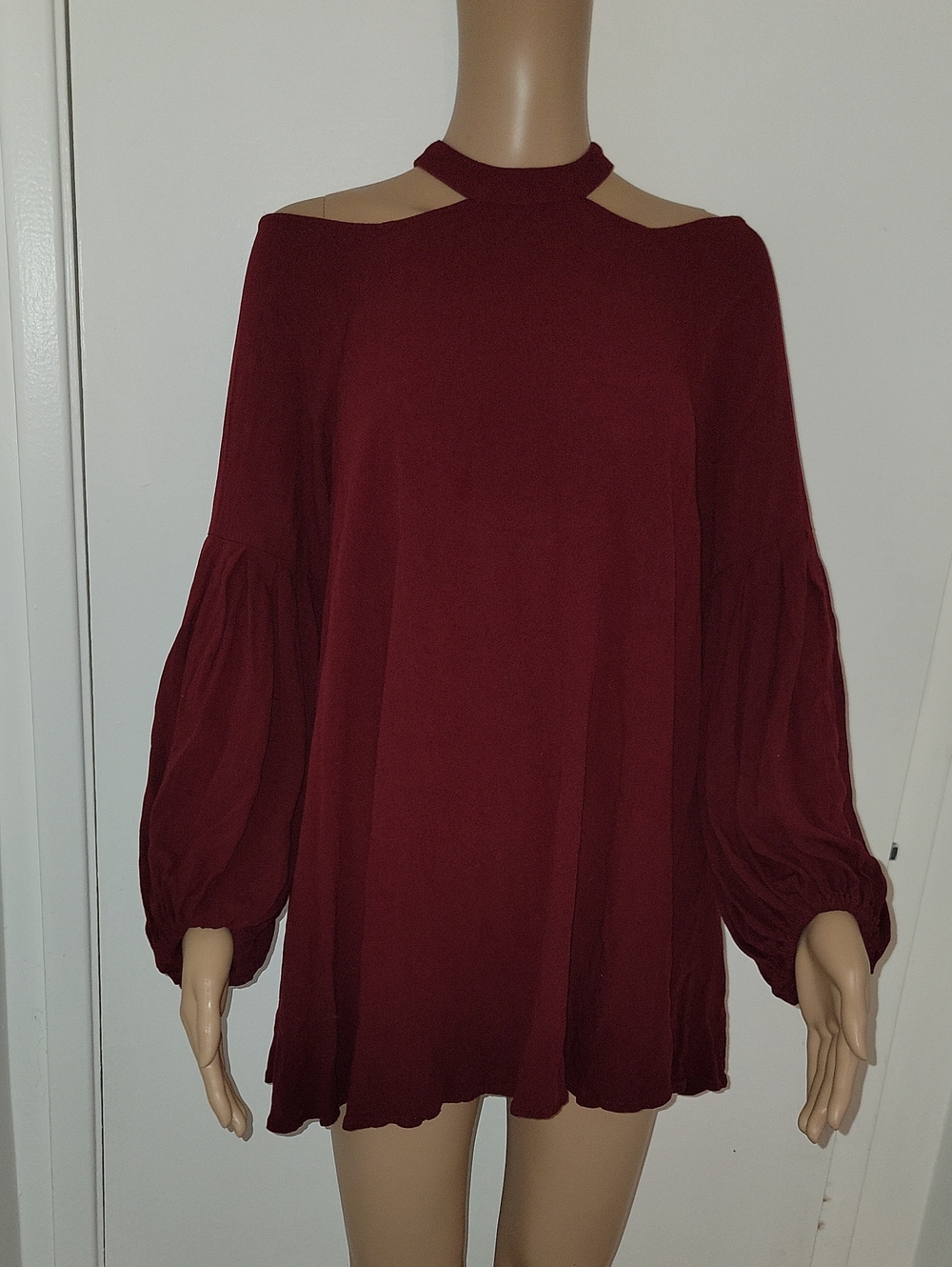 Free People Burgundy Cold-Shoulder Bell Sleeve Dress